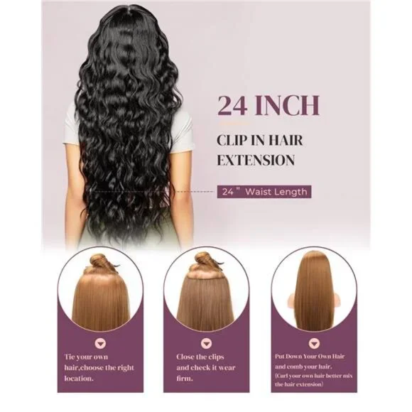 6PCS Clip In Hair Extensions, 24" Black Brown